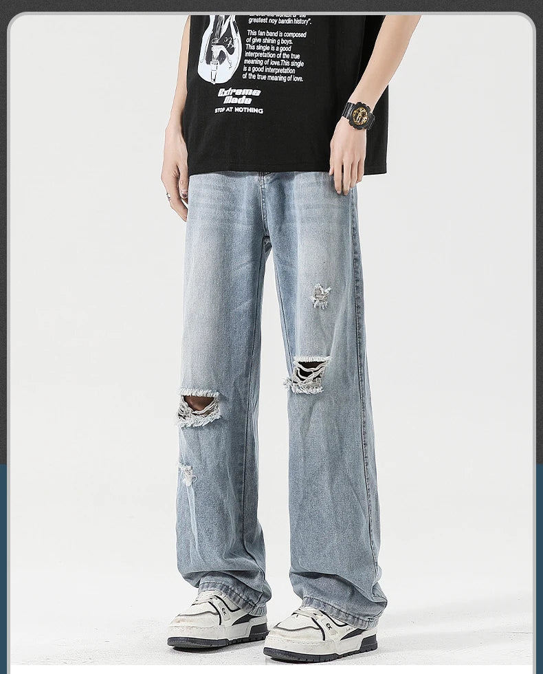 2025 Spring New Men's Ripped Jeans Baggy Straight Classic Light Blue Wide Leg Pants Elastic Waist Vintage Fashion Trousers Male