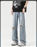 2025 Spring New Men's Ripped Jeans Baggy Straight Classic Light Blue Wide Leg Pants Elastic Waist Vintage Fashion Trousers Male