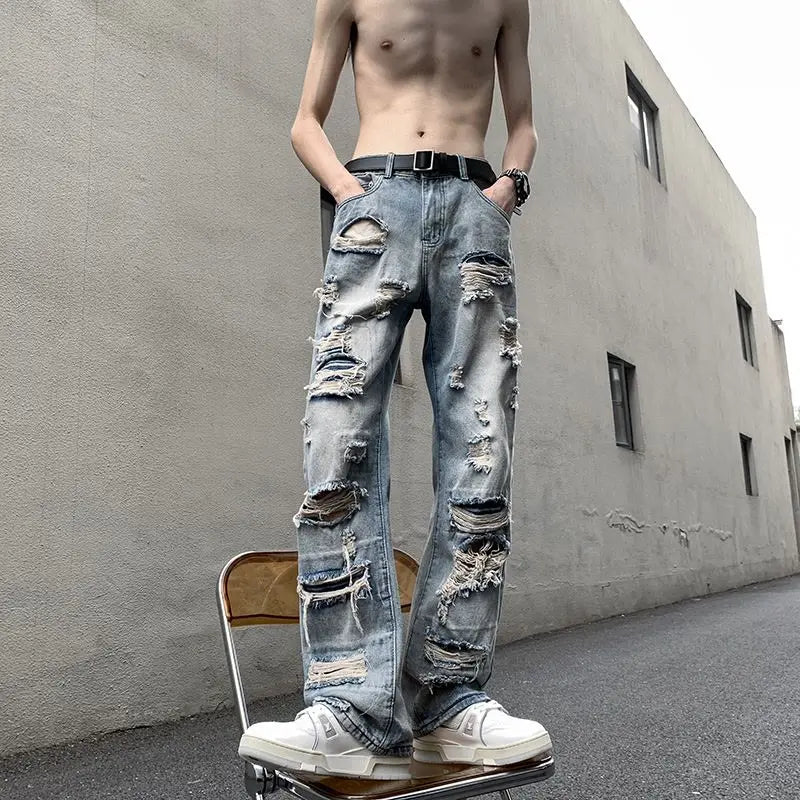 European and American High Street Spring and Autumn Vintage Destruction Washed Straight leg Jeans Couple Hip Hop Casual Pants