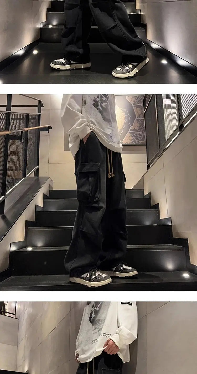 High street hip-hop men and women trendy personality large pocket straight leg washed denim jeans couple retro casual pants y2k