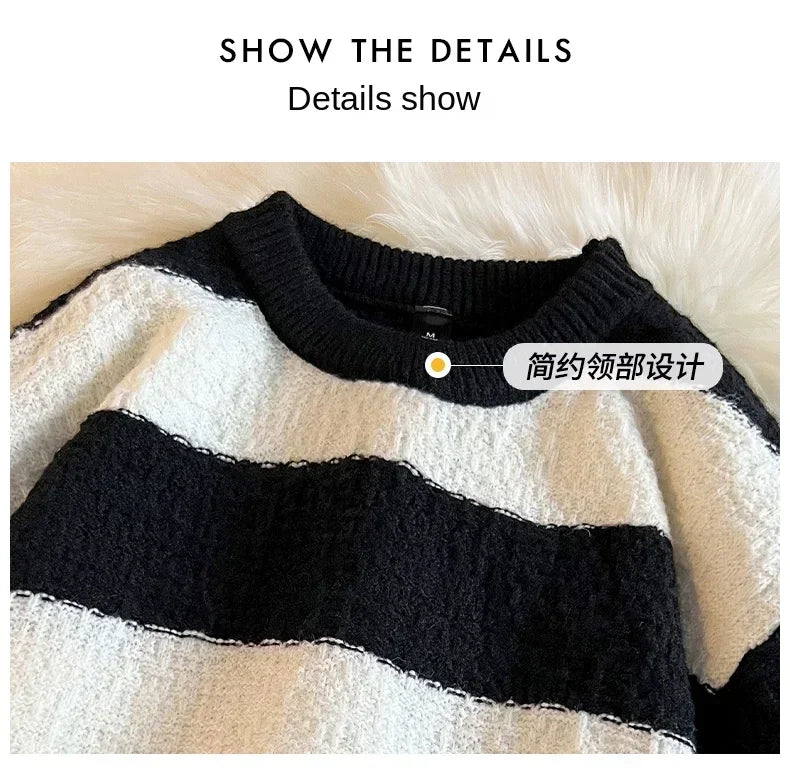 Men's New Black and White Striped Sweater Men's Autumn and Winter Loose Pullover Casual Top Men's Homestay Casual Warmth