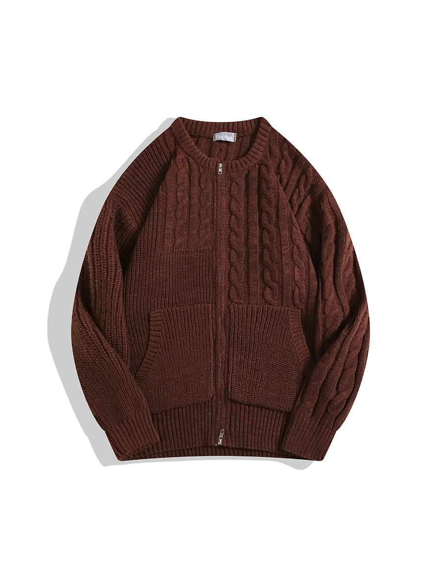 Men and Women Japanese Simple Double Zipper Twist Sweaters Cardigan Autumn Winter O-neck Simple Versatile Casual Knitted Jackets