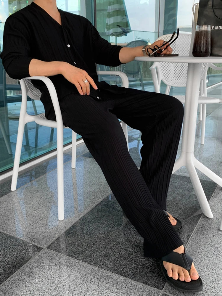 Korean Lazy Style V-neck Cardigan Short-sleeved T-shirt Men's Summer Straight Floor Pants Comfortable Casual Sports Joggers Set