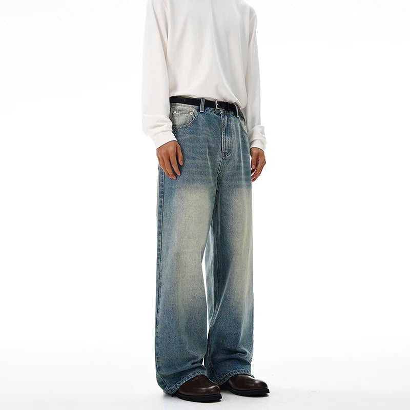 2025 Autumn Men's Wide-leg Jeans Comfortable Loose Casual Straight Trousers American Classic Retro Wash Cotton Denim Pants