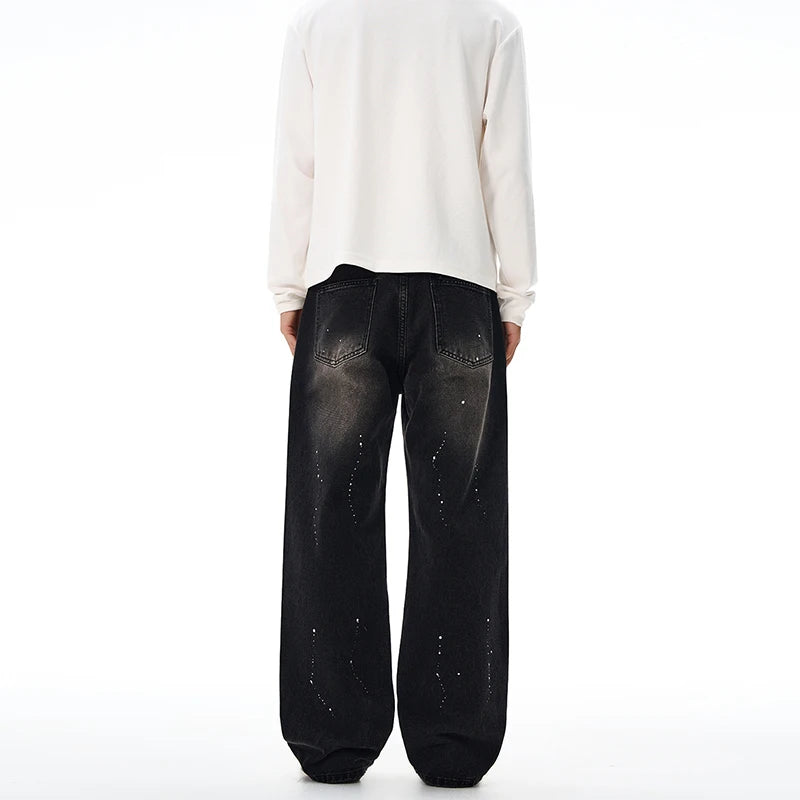 Fashion Graffiti Black Loose Wide-leg Jeans Men's Autumn New American Simple Basic Wash Denim Pants Loose Straight Trousers
