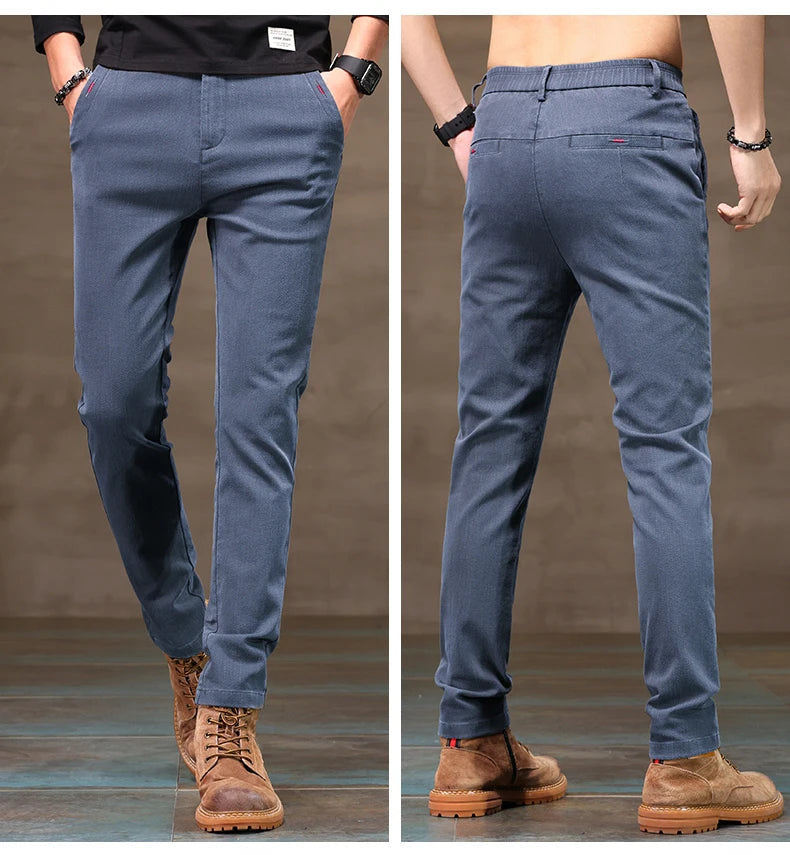 Men's Business Casual Pants Stretch Slim Fit Straight Semi-elastic Waist Trousers Solid Classic Office Work Male Clothing