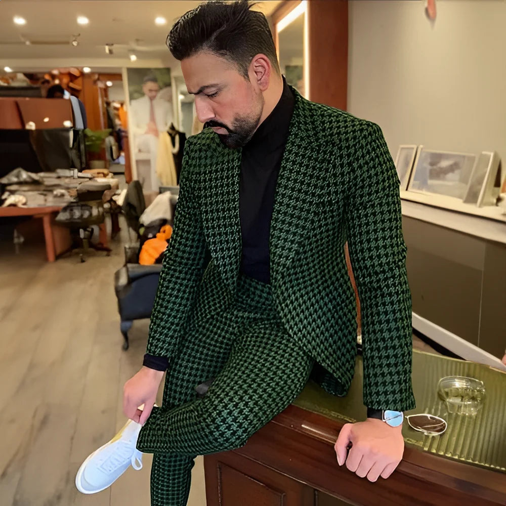 Houndstooth Men's Slim Fit Suit 2-piece Set Winter Wool Blazer Pants Wedding Groom Tuxedo Men's Workwear Outfit