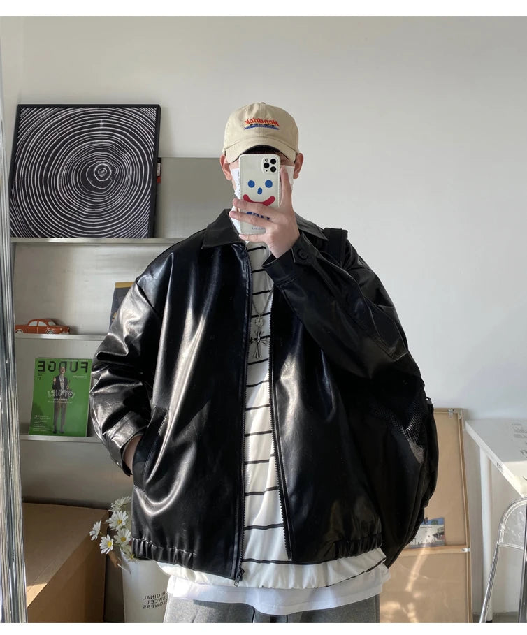 Autumn Street Trendy PU Leather Jacket Casual Textured Locomotive Zipper Turn-down Collar Solid Color Long Sleeve Men's Coats