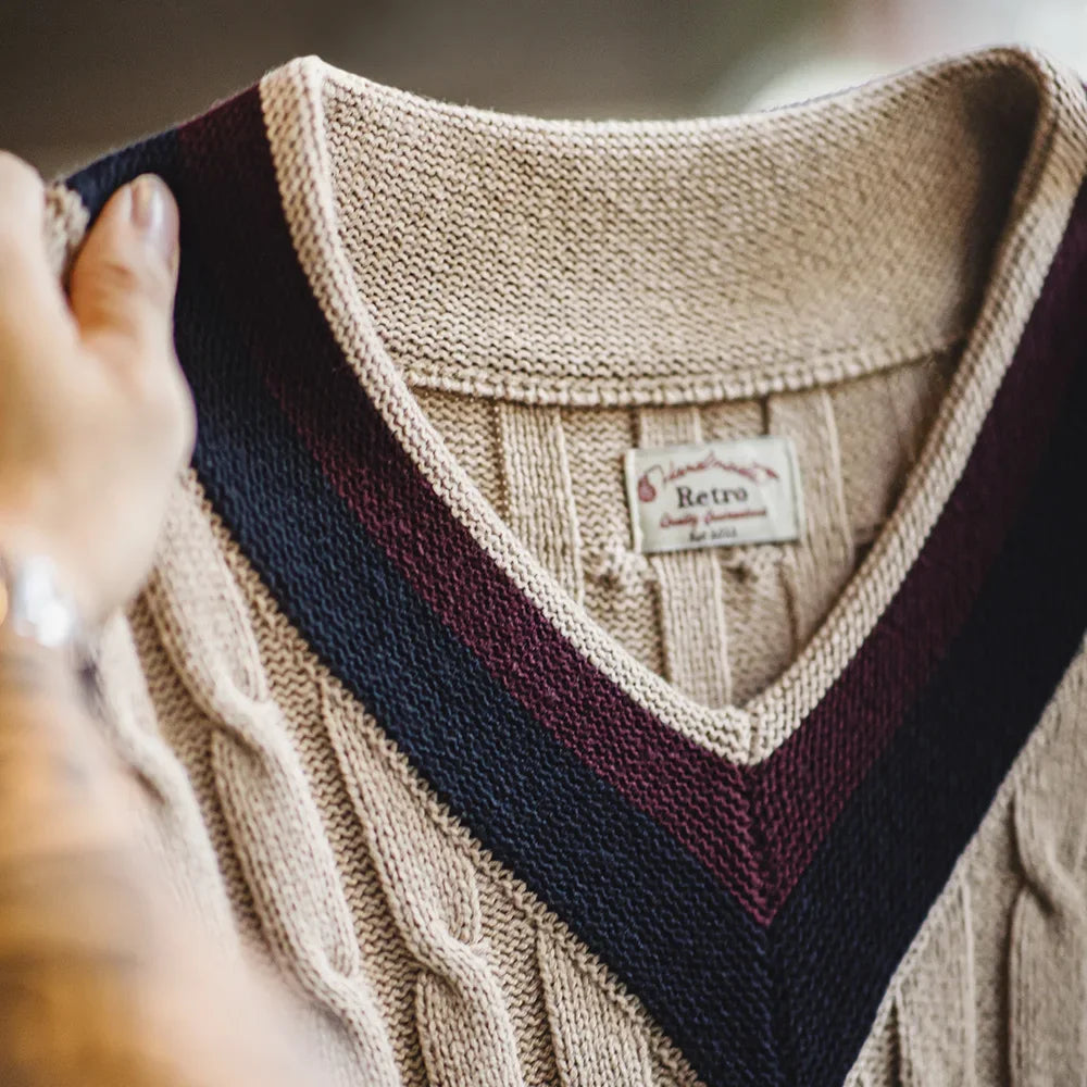 Retro Ivy Knit V-Neck Sweaters Vest Color-Block Sleeveless Classic Versatile Men's Khaki Tops with Preppy Style for Autumn
