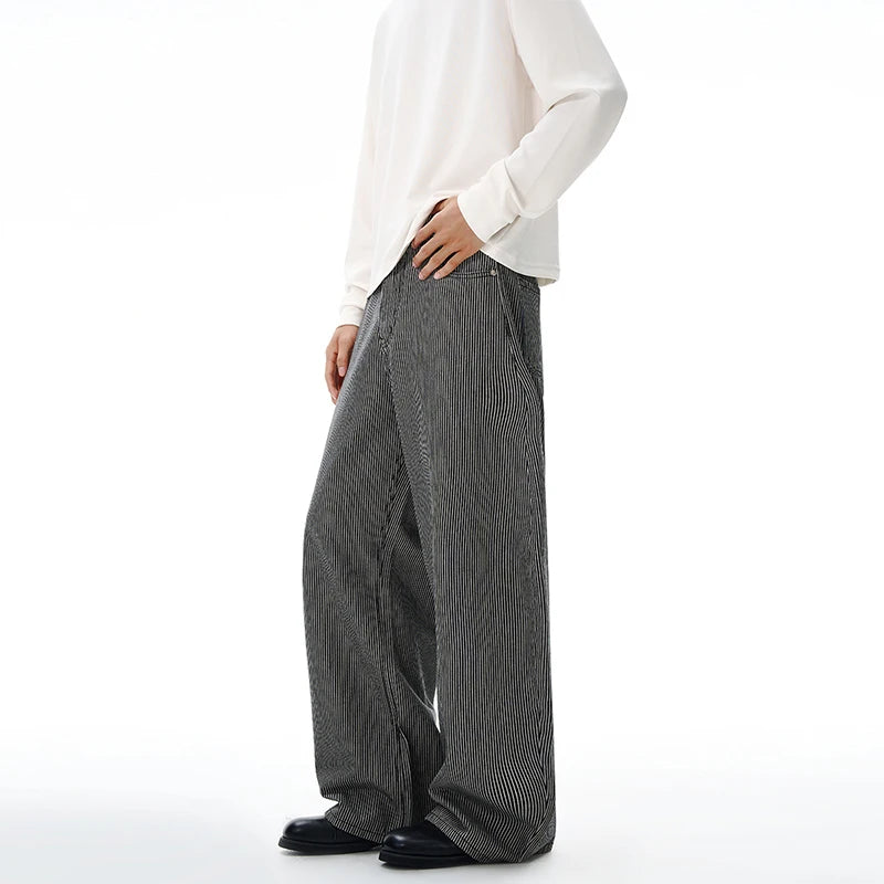 Autumn New Striped Jeans Men's Retro Wash Loose Wide-leg Denim Pants American High Street Fashion Cotton Casual Trousers
