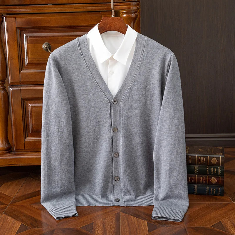 Autumn Winter V-neck Merino Wool Cardigan Men's Cashmere Knitwear Sweater Button Top Casual Basic Business Clothing Tops