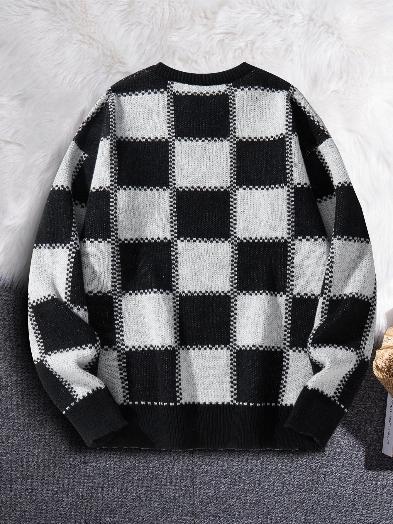 New Popular Autumn Winter Plaid Jacquard Pattern Pullover Sweater Casual Round Neck Contrast Color Knitted Men's Pullover