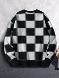 New Popular Autumn Winter Plaid Jacquard Pattern Pullover Sweater Casual Round Neck Contrast Color Knitted Men's Pullover