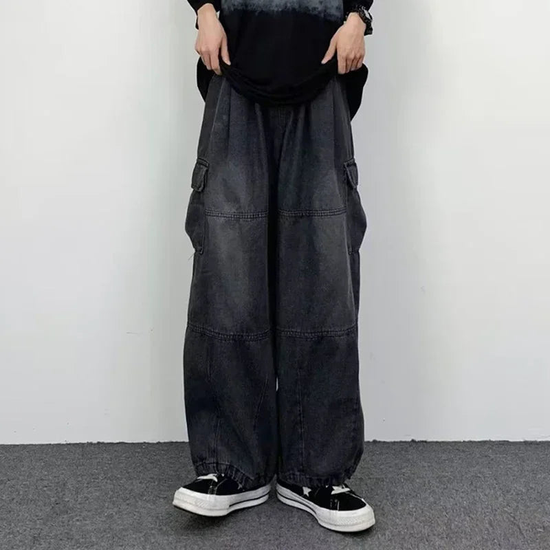 Men New Street Vintage Jeans Male Wide Leg Big Pocket Overalls Y2K Neutral Loose Straight Leg Casual High Street Hip Hop Pants