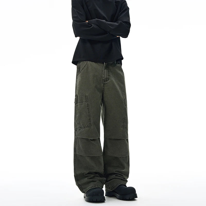American Loose Straight Cargo Pants Men's Fashion Streetwear 100% Cotton Vintage Large Pocket Loose Casual Wide-leg Trousers