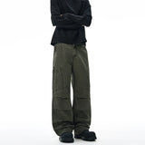 American Loose Straight Cargo Pants Men's Fashion Streetwear 100% Cotton Vintage Large Pocket Loose Casual Wide-leg Trousers