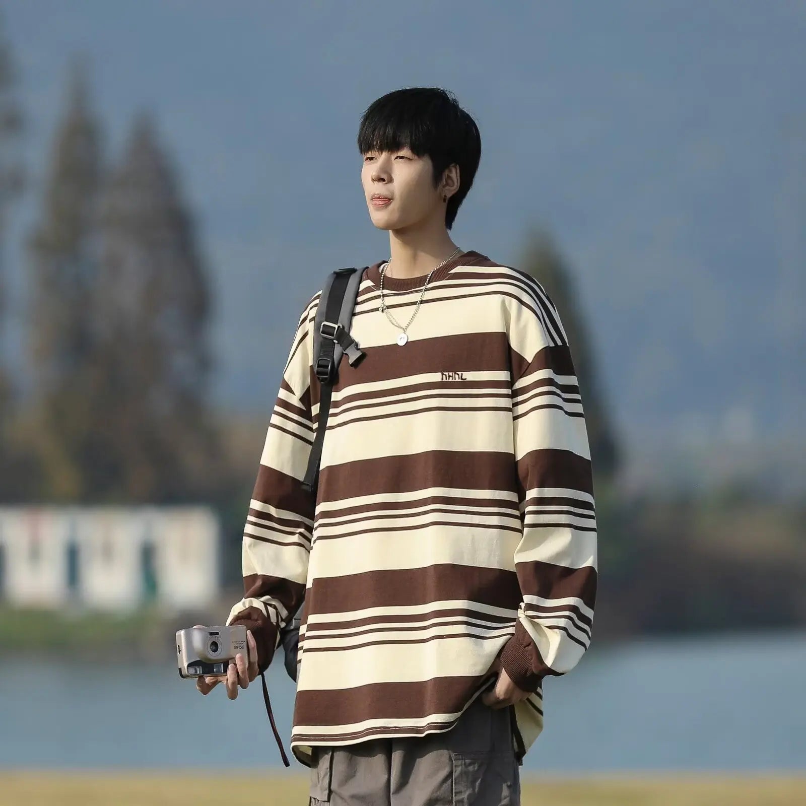 Striped T-shirts Men Advanced Slouchy O-neck Long Sleeve Japanese Style Vintage Baggy Casual Clothing Autumn Fashion Harajuku