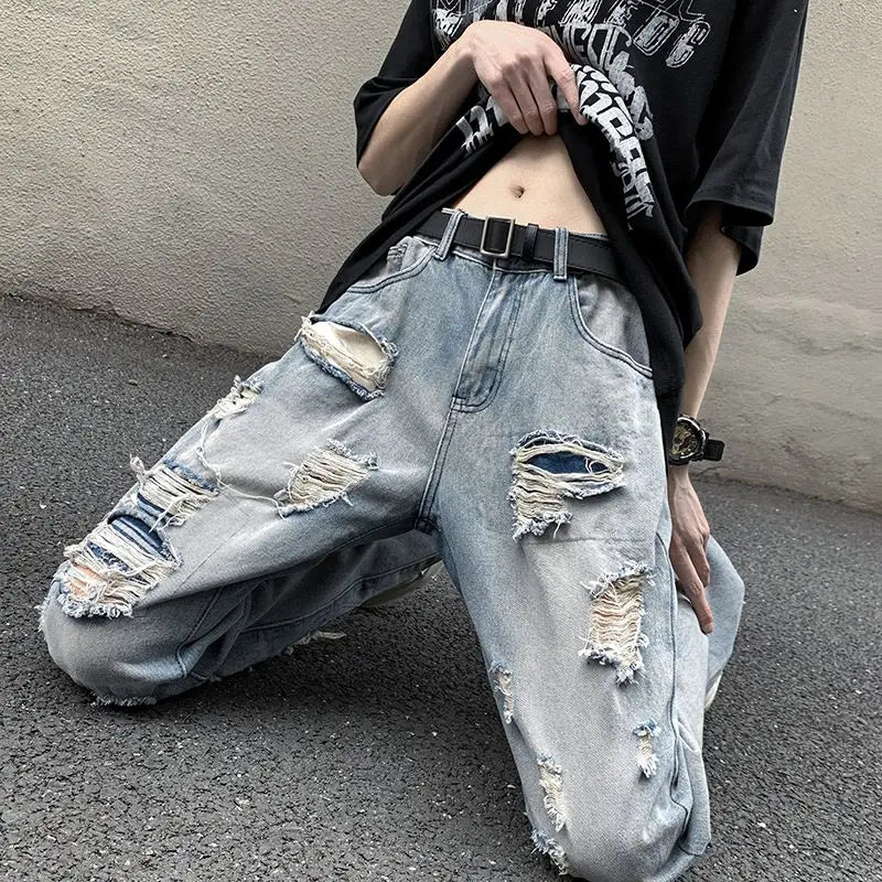 European and American High Street Spring and Autumn Vintage Destruction Washed Straight leg Jeans Couple Hip Hop Casual Pants