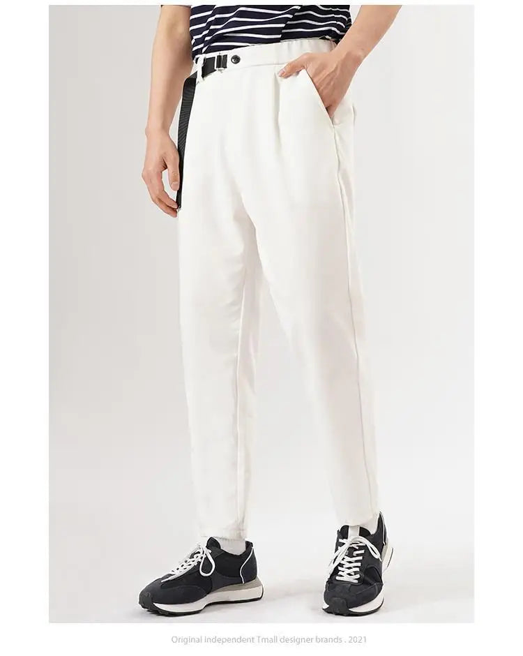 White Stretch Casual Ankle Pants Silhouette Men's Elegant Suit Pants Summer Korean Straight Loose Men's Smart Casual Trousers