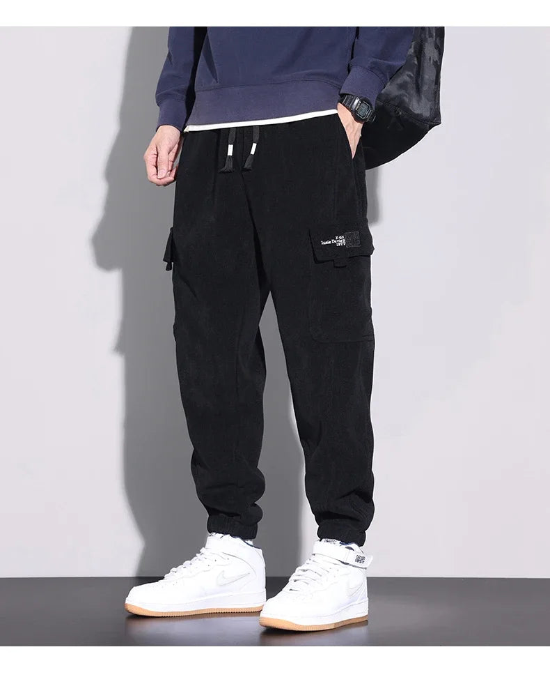 Autumn New Men's Corduroy Cargo Harem Pants Fashion Korean Embroidery Bound Feet Casual Pants Trendy Brand Male Trousers
