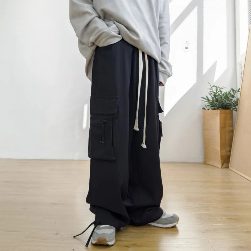 Cotton Casual Pants Men Fashion Retro Pocket Cargo Pants Men Japanese Streetwear Hip-hop Loose Wide Leg Pants Mens Trousers