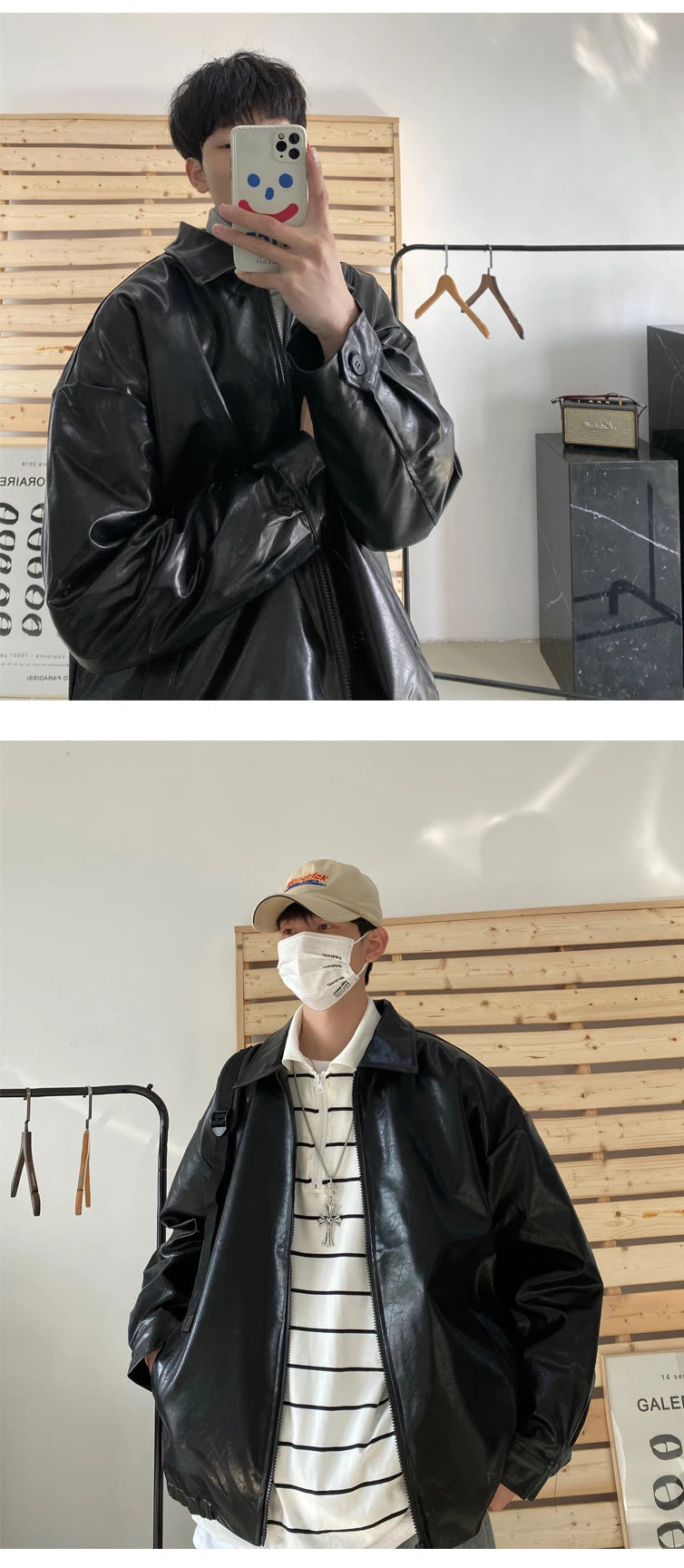 Autumn Street Trendy PU Leather Jacket Casual Textured Locomotive Zipper Turn-down Collar Solid Color Long Sleeve Men's Coats