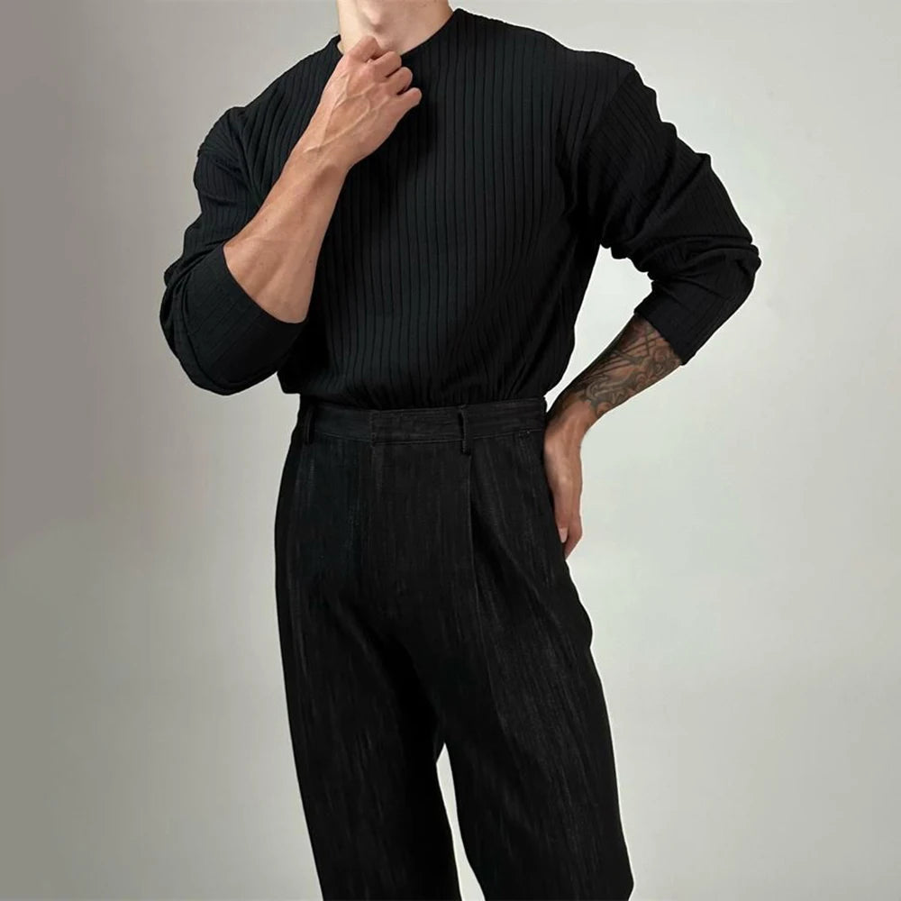 Mens Autumn Concave Convex Striped Off-Shoulder Long-Sleeved Knitted T-Shirt Gender-Neutral Casual Solid Color Loose Top Unisex