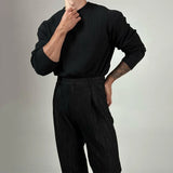 Mens Autumn Concave Convex Striped Off-Shoulder Long-Sleeved Knitted T-Shirt Gender-Neutral Casual Solid Color Loose Top Unisex