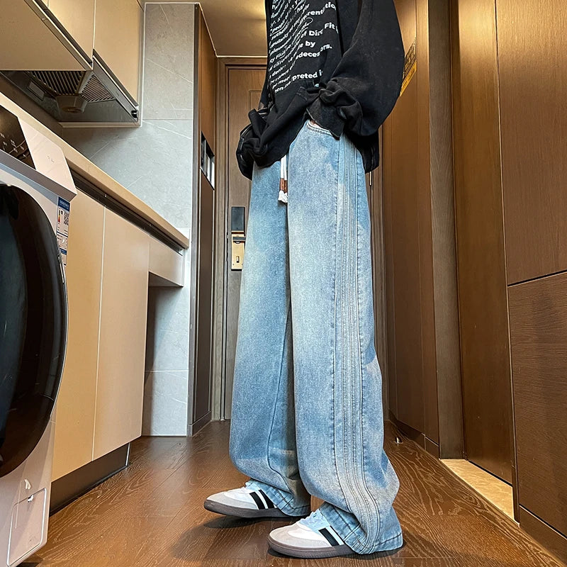 Winter Velvet Wide Leg Jeans Side Striped Straight Casual Fashion Denim Trousers Hip Hop Streetwear Warm Pants Plus Size 8XL-M