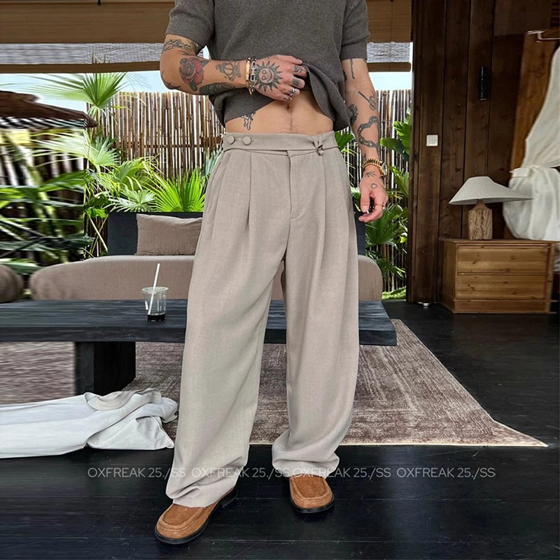 New Retro Fashion Men Suit Pants Light Luxury Draped Baggy Belt Button-down Solid Color Straight Trousers Elegant Dress Pants