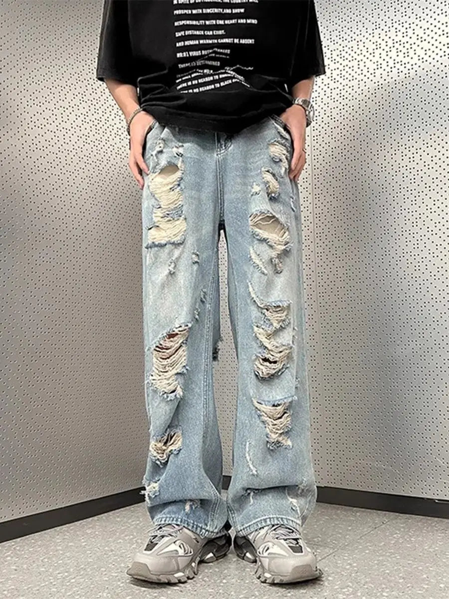 American hip-hop straight leg men and women trend summer personality destruction jeans couple loose retro Harajuku casual pants