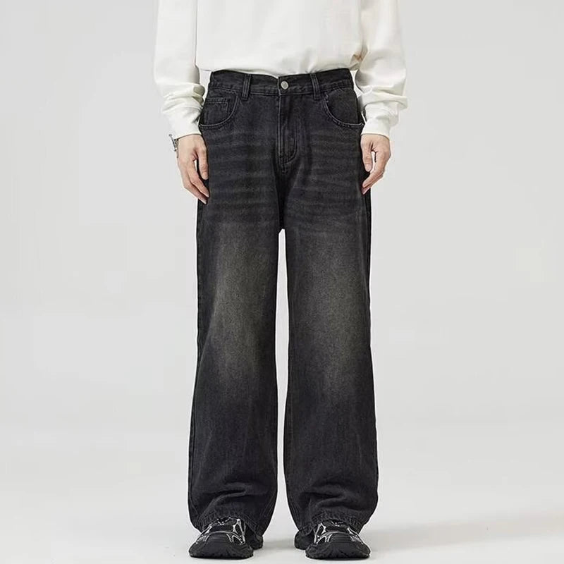 Male Classic America Hip Hop Rap Jeans Wide Leg Youth Popular Jeans Men Straight Leg Retro Loose Trousers Oversized Denim Pants