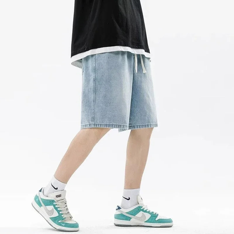 Men Casual Denim Shorts Male Comfortable Elastic Waist Straight Leg New Soft Short Pants Light Blue Loose Baggy Wide Leg Jeans
