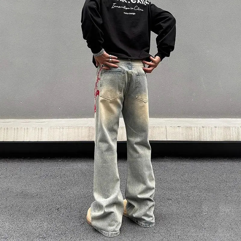 American retro men and women trend personalized embroidered straight leg washed jeans couple spring and autumn casual pants y2k