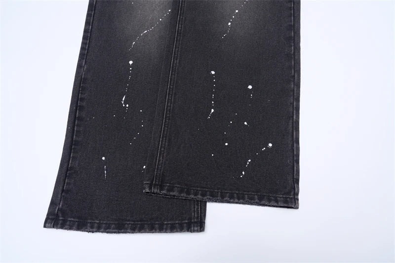 Fashion Graffiti Black Loose Wide-leg Jeans Men's Autumn New American Simple Basic Wash Denim Pants Loose Straight Trousers