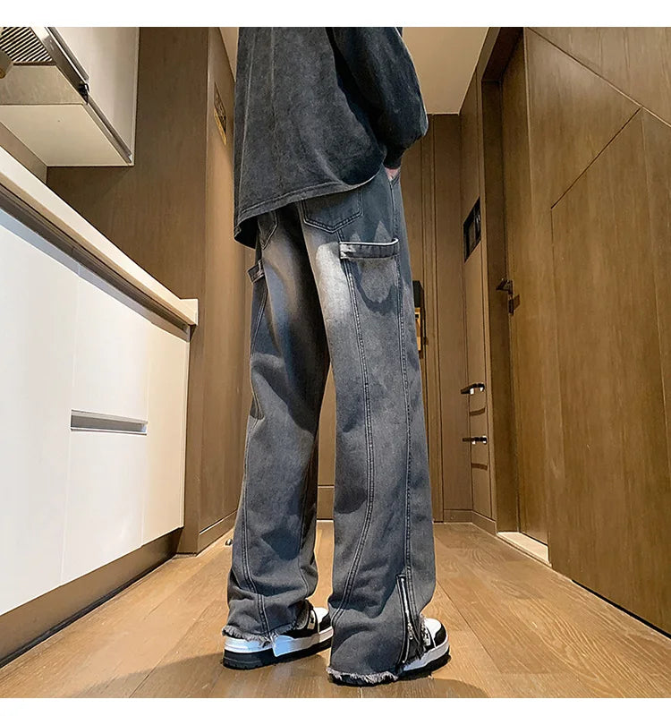 Autumn jeans men New Fashion Side Zipper Casual Jean Pants Men High Street Loose Straight Pant Mens Vintage All-match Trousers