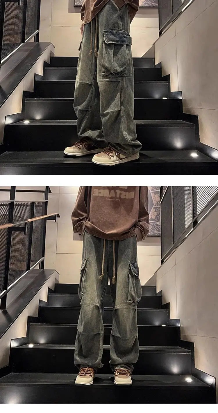 High street hip-hop men and women trendy personality large pocket straight leg washed denim jeans couple retro casual pants y2k