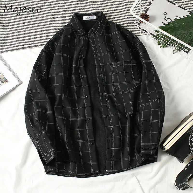 Shirts Men Winter Fleece Plaid Loose Trendy Basic Black Simple Thermal Camisa Masculina Fashion Daily Casual Clothing Handsome
