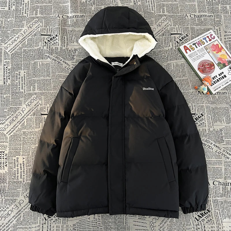 Winter Mens Hooded Parkas Quilted Jackets Man Woolly Lining Windbreaker Outerwear Warm Clothes Cotton Padded Coat Black Blue