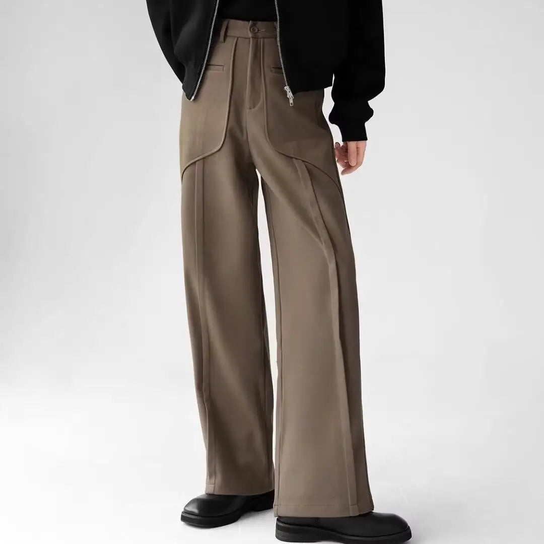 Korean Elegant Pants Fake Pocket Decoration Wide-leg Pants Autumn New American Style Design Sense Spliced Straight Suit Trousers