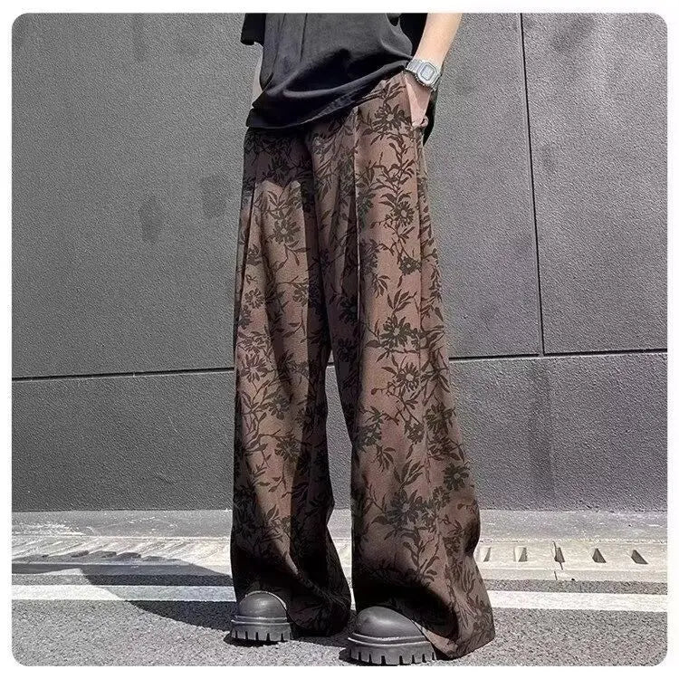 High street hip-hop men and women trendy personalized ink floral straight leg pants for couples loose retro casual pants y2k
