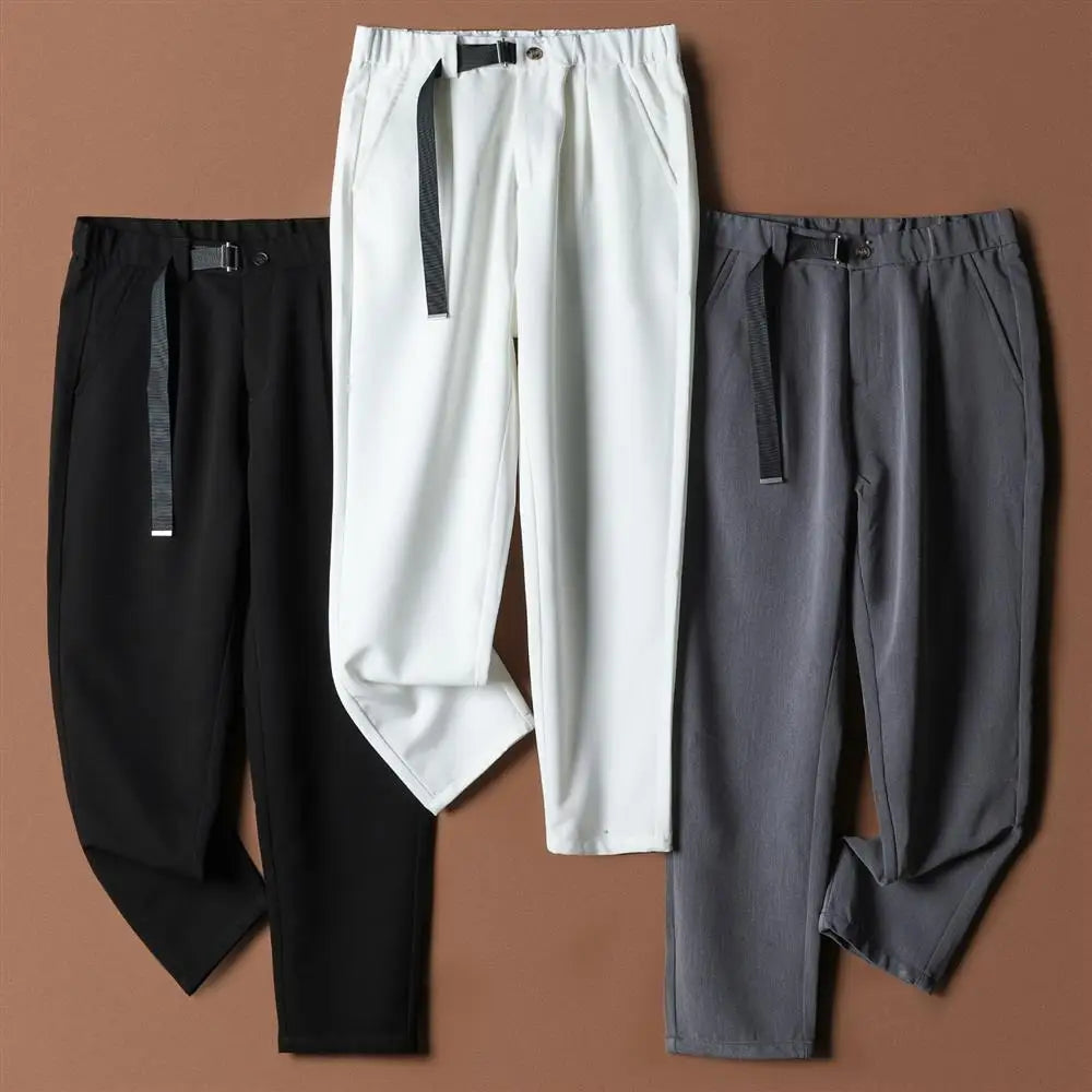 White Stretch Casual Ankle Pants Silhouette Men's Elegant Suit Pants Summer Korean Straight Loose Men's Smart Casual Trousers