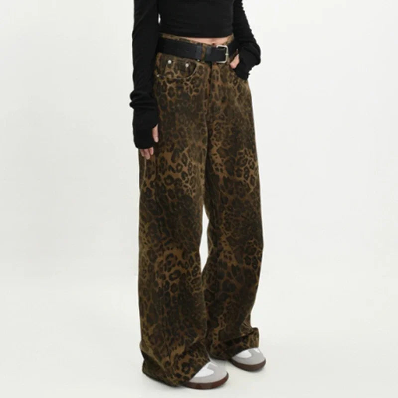 Men Fashion Leopard Graphic Hip Pop Jeans Male Loose Straight Leg Party Denim Pants New American Style Streetwear Denim Trousers