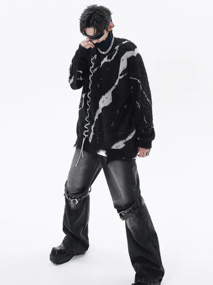 Turtleneck Sweaters Men Winter Lace-up Design Thicken Warm Pullovers Vintage Slouchy Streetwear Japanese Style Soft Personality