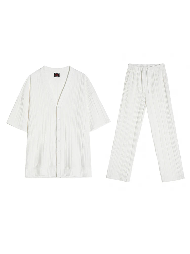 Korean Lazy Style V-neck Cardigan Short-sleeved T-shirt Men's Summer Straight Floor Pants Comfortable Casual Sports Joggers Set