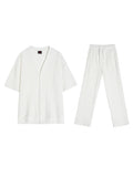 Korean Lazy Style V-neck Cardigan Short-sleeved T-shirt Men's Summer Straight Floor Pants Comfortable Casual Sports Joggers Set