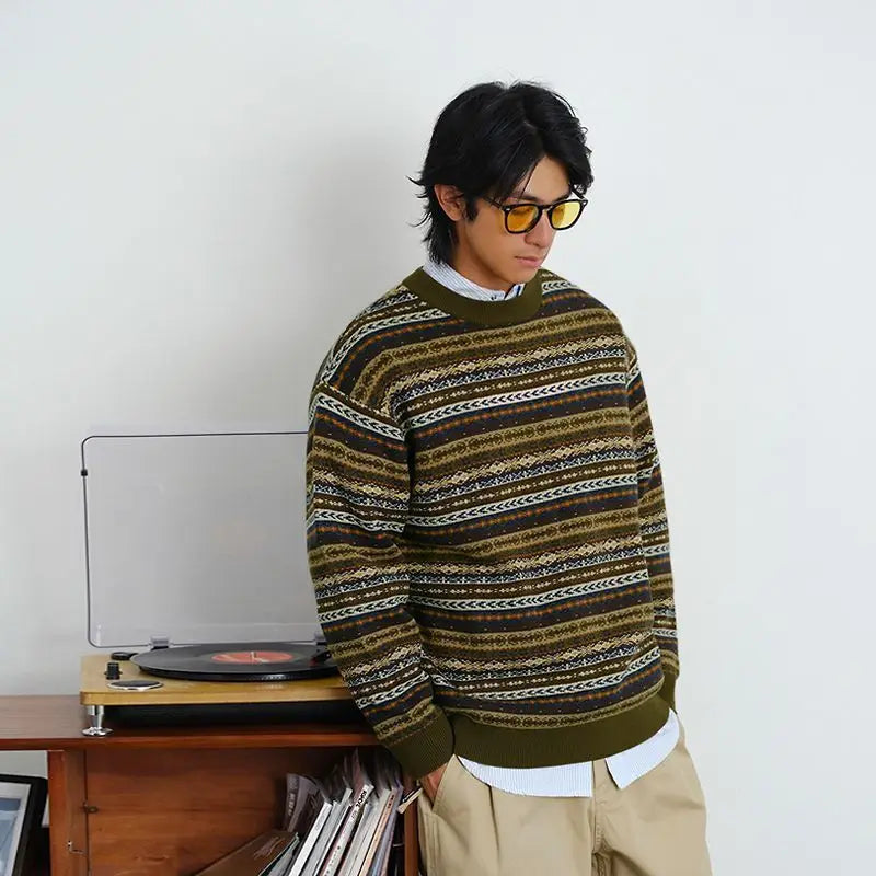 Abandoned Soil Style Jacquard Sweater for Men American Retro O-neck Knitted Pullover Unisex Autumn Winter Streetwear Lazy Top