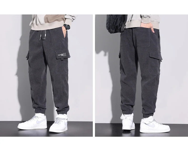 Autumn New Men's Corduroy Cargo Harem Pants Fashion Korean Embroidery Bound Feet Casual Pants Trendy Brand Male Trousers