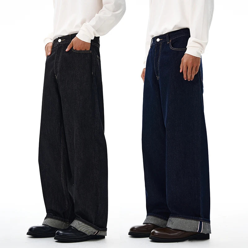 Non-fading Original Color Jeans Men's High Quality Loose Straight Denim Pants Classic American Retro Wide Leg Autumn Trousers