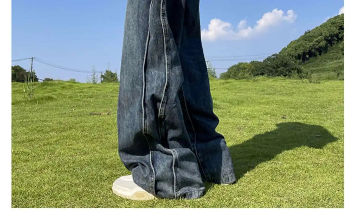 American High Street Jeans Men's Striped Patchwork Denim Pants Summer Loose Straight High-end Retro Versatile Wide-leg Trousers